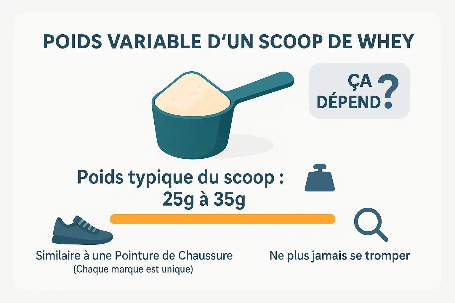 illustration montrant des scoops de différentes tailles et marques de whey avec des poids variables