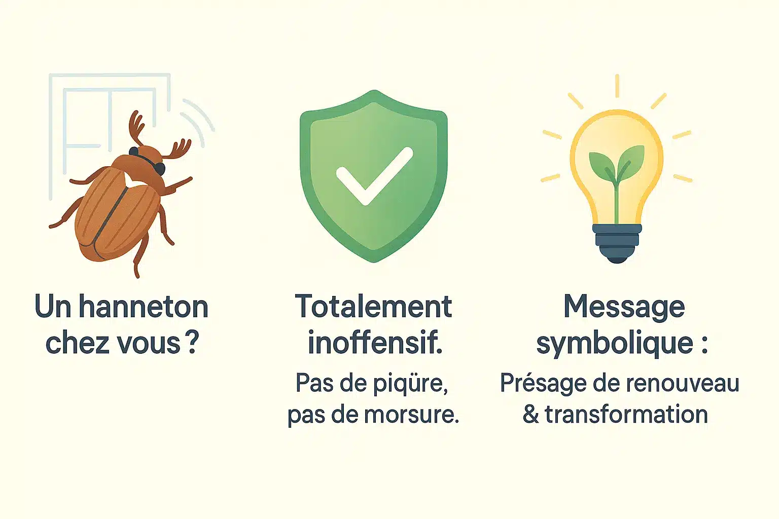 Un hanneton posé sur une main, symbolisant sa présence inoffensive et sa signification.