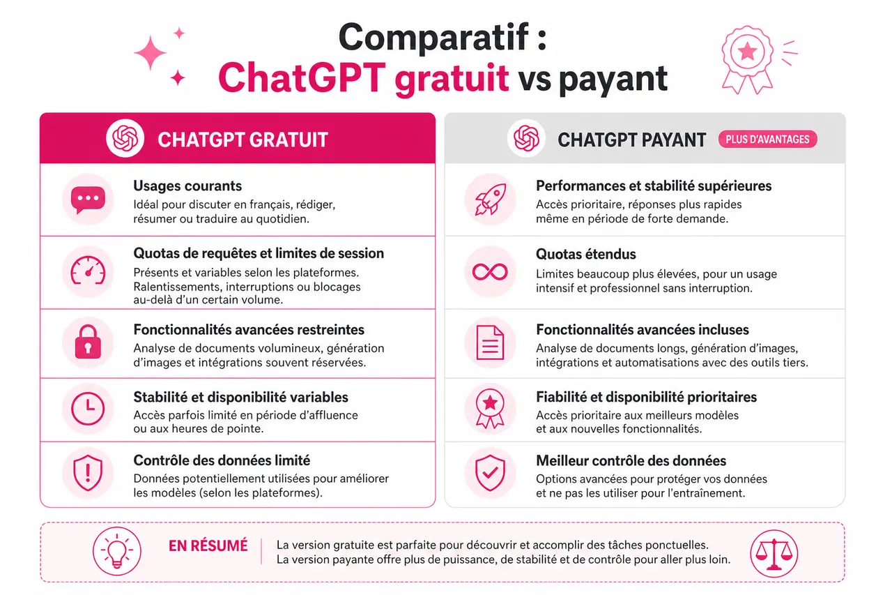 Les pièges à éviter lors de l’utilisation gratuite de ChatGPT en français , Comparatif: ChatGPT gratuit vs payant