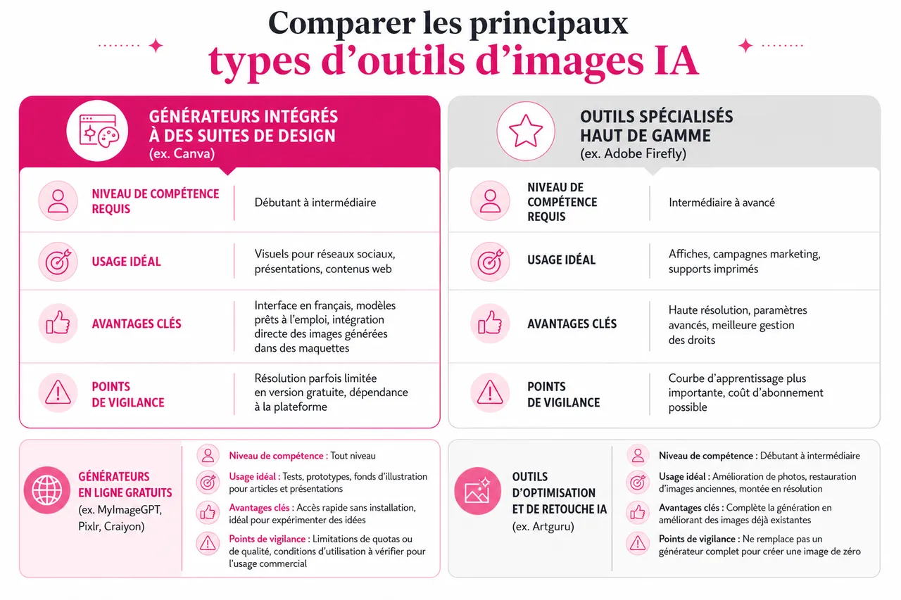 Créer des images avec l’IA: modes d’emploi, limites et erreurs à éviter , Comparer les principaux types d’outils d’images IA