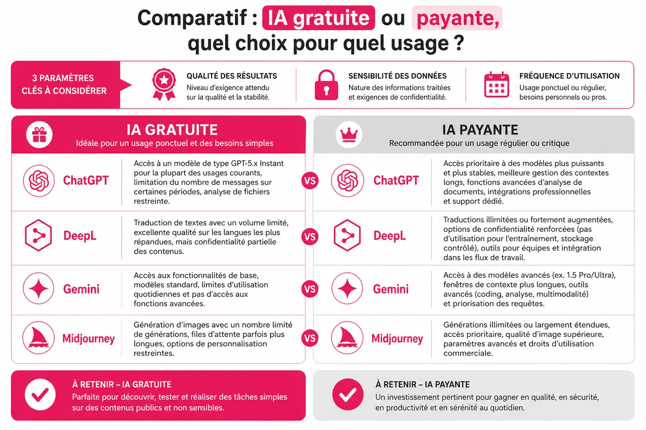 Les IA gratuites sont-elles fiables pour un usage quotidien? , Comparatif: IA gratuite ou payante, quel choix pour quel usage?