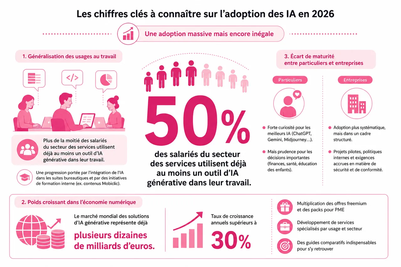 Les 7 meilleures IA à tester en 2026 selon vos besoins , Les chiffres clés à connaître sur l’adoption des IA en 2026