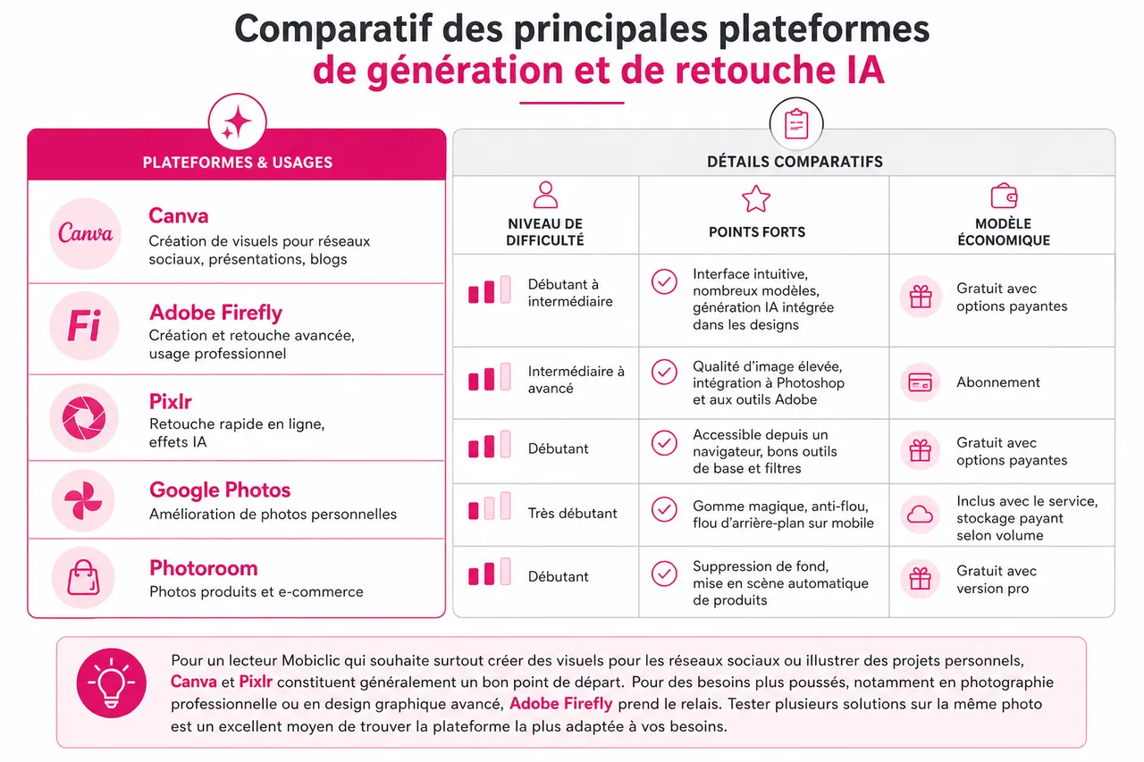 Retoucher et transformer vos photos avec l’IA: guide pratique sans compétences de montage , Comparatif des principales plateformes de génération et de retouche IA