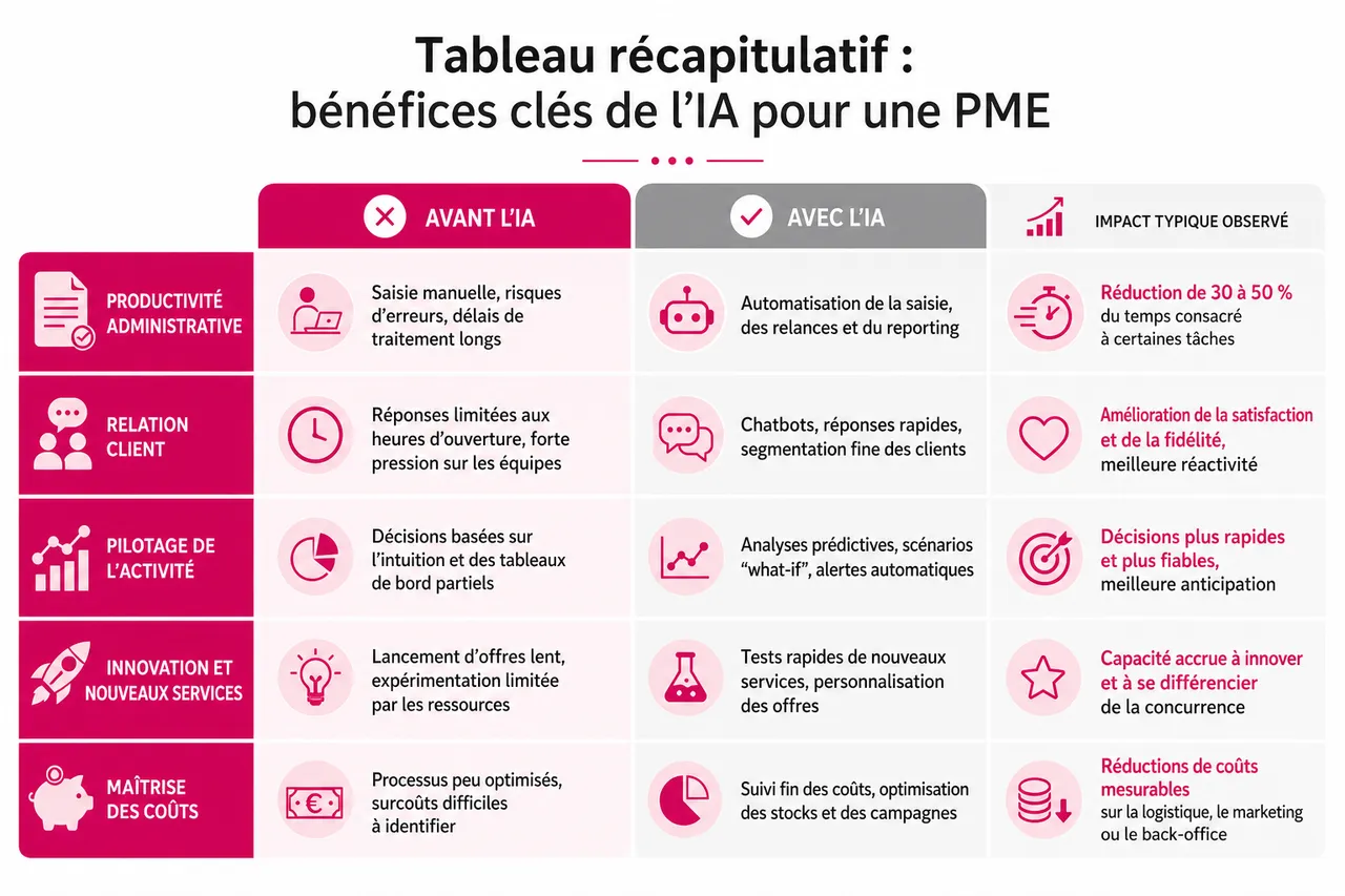 Comment une PME peut tirer profit de l’IA sans exploser son budget en 2026 , Tableau récapitulatif: bénéfices clés de l’IA pour une PME