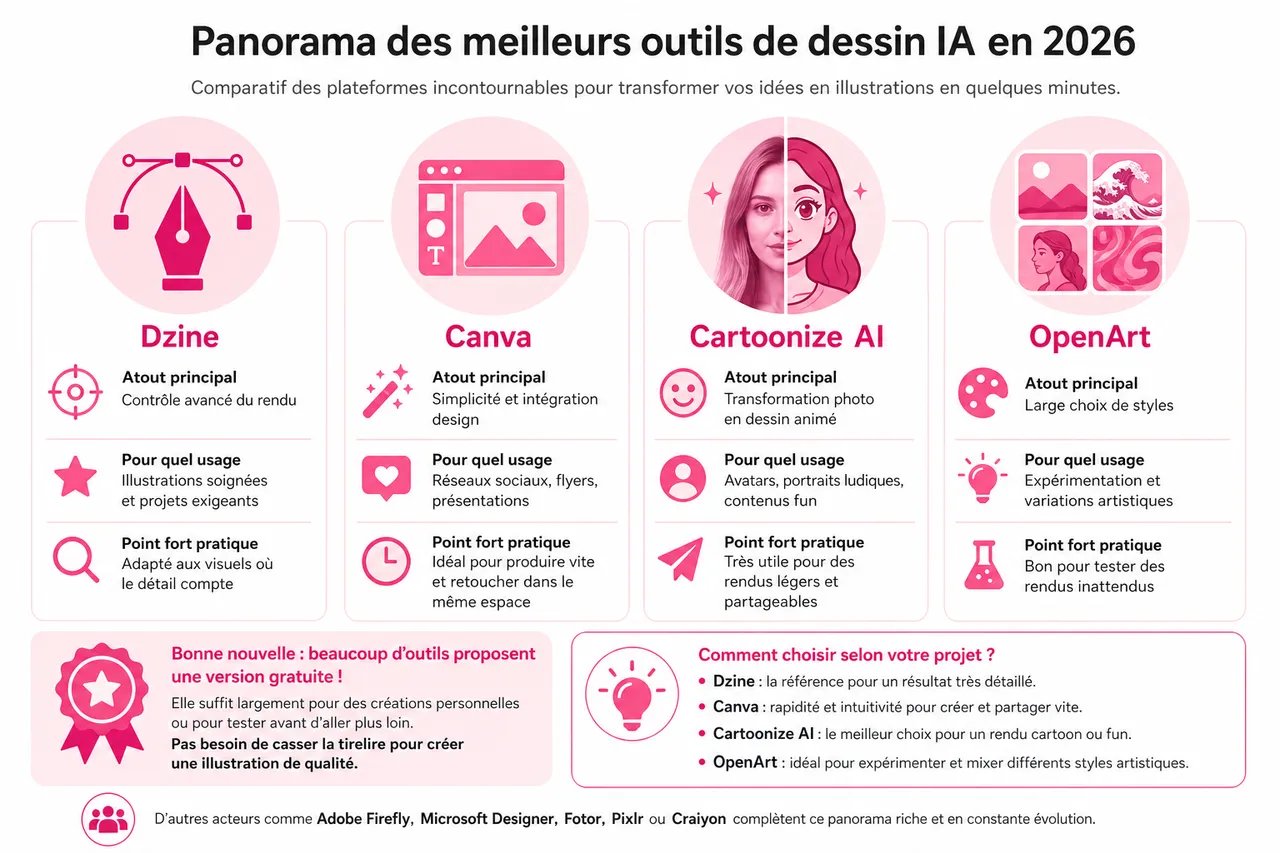Dessin avec l’IA: transformer une idée en illustration en quelques minutes , Panorama des meilleurs outils de dessin IA en 2026