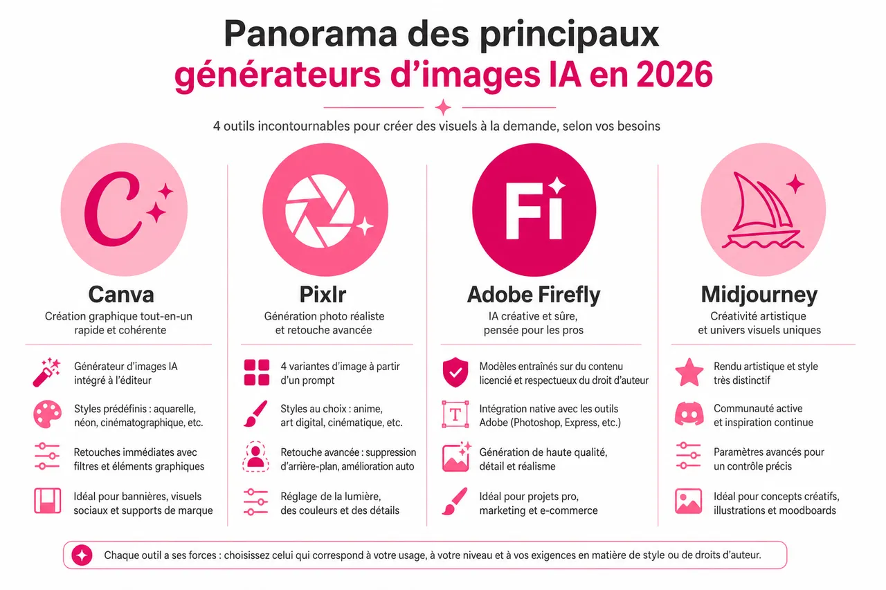 Créer, utiliser et sécuriser les images générées par l’IA: tout ce qu’il faut savoir , Panorama des principaux générateurs d’images IA en 2026