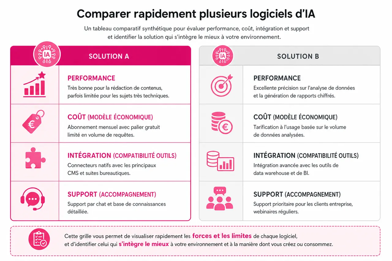 Les 6 critères clés pour évaluer un logiciel d’IA avant de l’adopter , Comparer rapidement plusieurs logiciels d’IA
