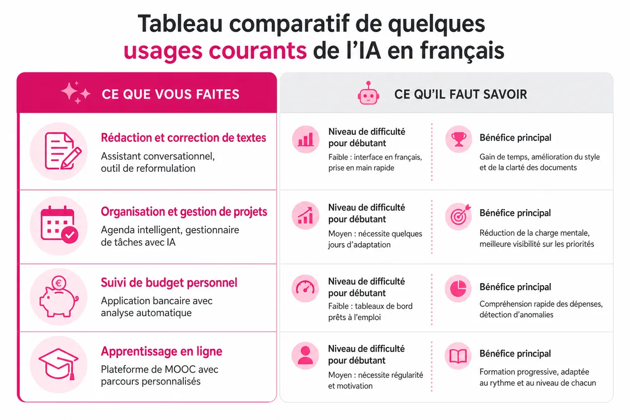 Les outils d’IA en français pour débutants: premiers pas en 2026 , Tableau comparatif de quelques usages courants de l’IA en français