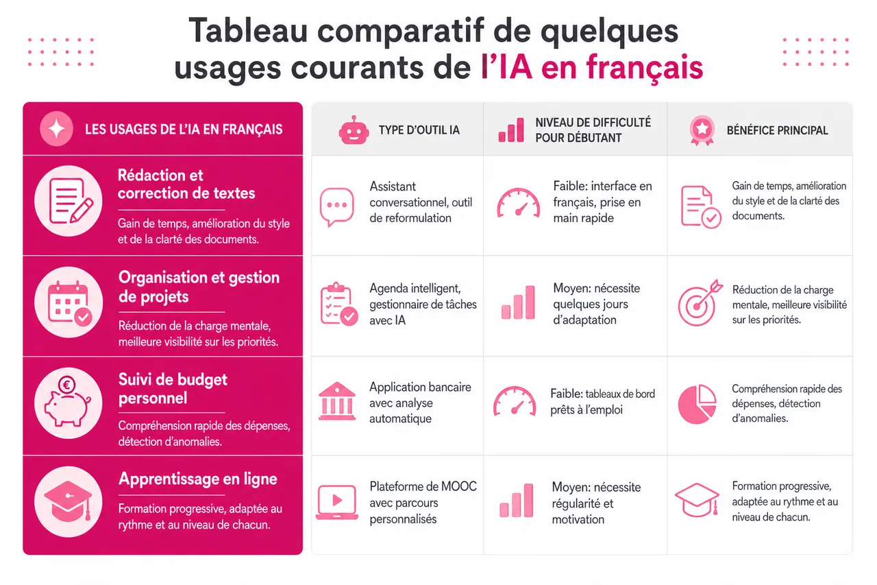 Les outils d’IA en français pour débutants: premiers pas en 2026 , Tableau comparatif de quelques usages courants de l’IA en français