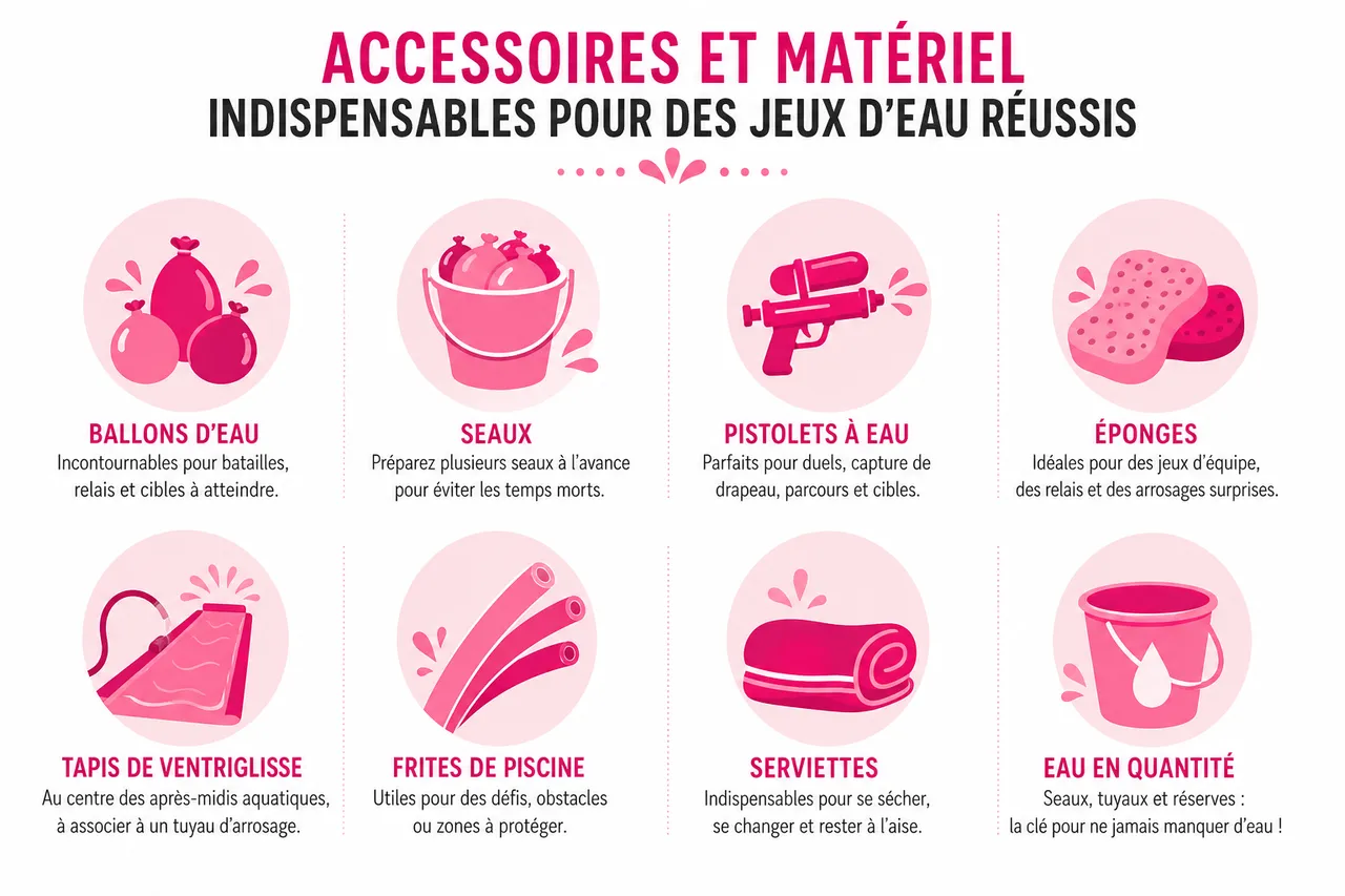 7 idées de jeux d’eau pour adultes pour un après-midi d’été entre amis , Accessoires et matériel indispensables pour des jeux d’eau réussis