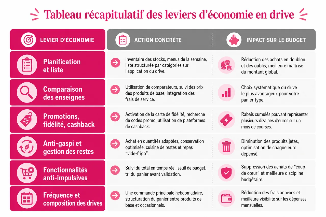 5 astuces pour économiser sur vos courses en drive sans y passer des heures , Tableau récapitulatif des leviers d’économie en drive
