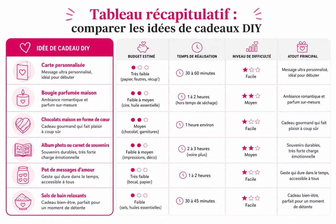 Cadeaux de saint valentin faits maison: 6 idées simples pour un budget serré , Tableau récapitulatif: comparer les idées de cadeaux DIY