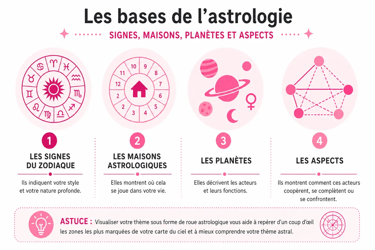 Astrologie pour débutants: comprendre et lire votre thème astral facilement , Les bases de l’astrologie: signes, maisons, planètes et aspects