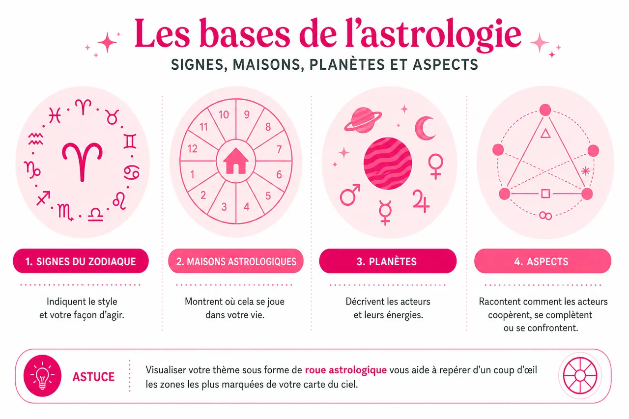 Astrologie pour débutants: comprendre et lire votre thème astral facilement , Les bases de l’astrologie: signes, maisons, planètes et aspects