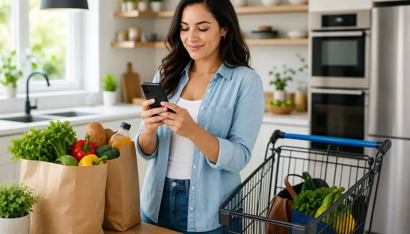 Panier de courses avec smartphone et liste d'astuces pour économiser