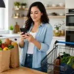 Panier de courses avec smartphone et liste d'astuces pour économiser