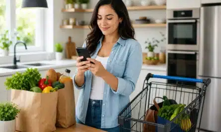 Panier de courses avec smartphone et liste d'astuces pour économiser