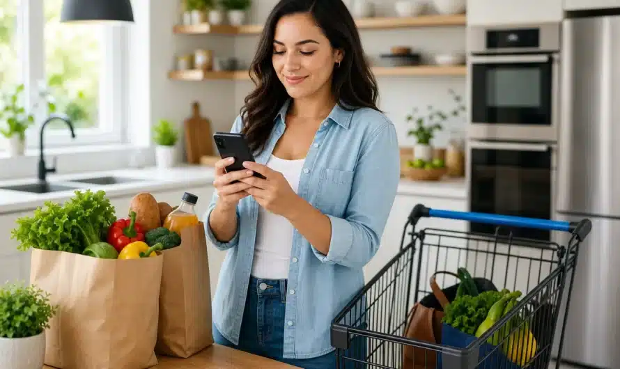 Panier de courses avec smartphone et liste d'astuces pour économiser