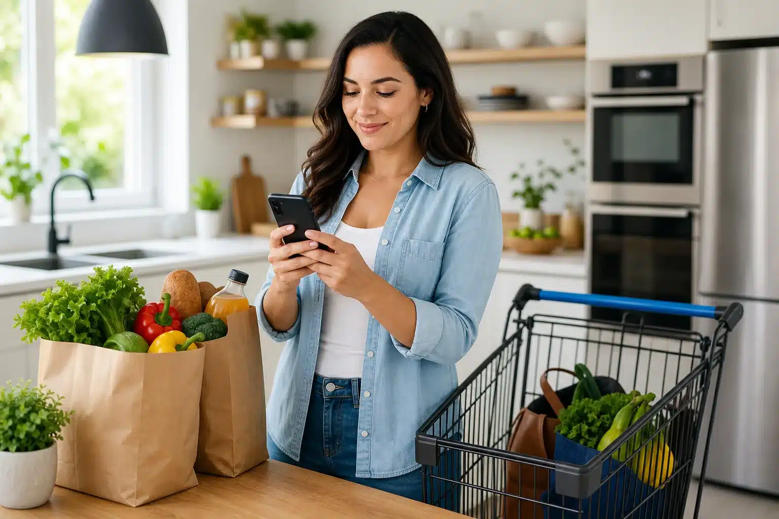 Panier de courses avec smartphone et liste d'astuces pour économiser