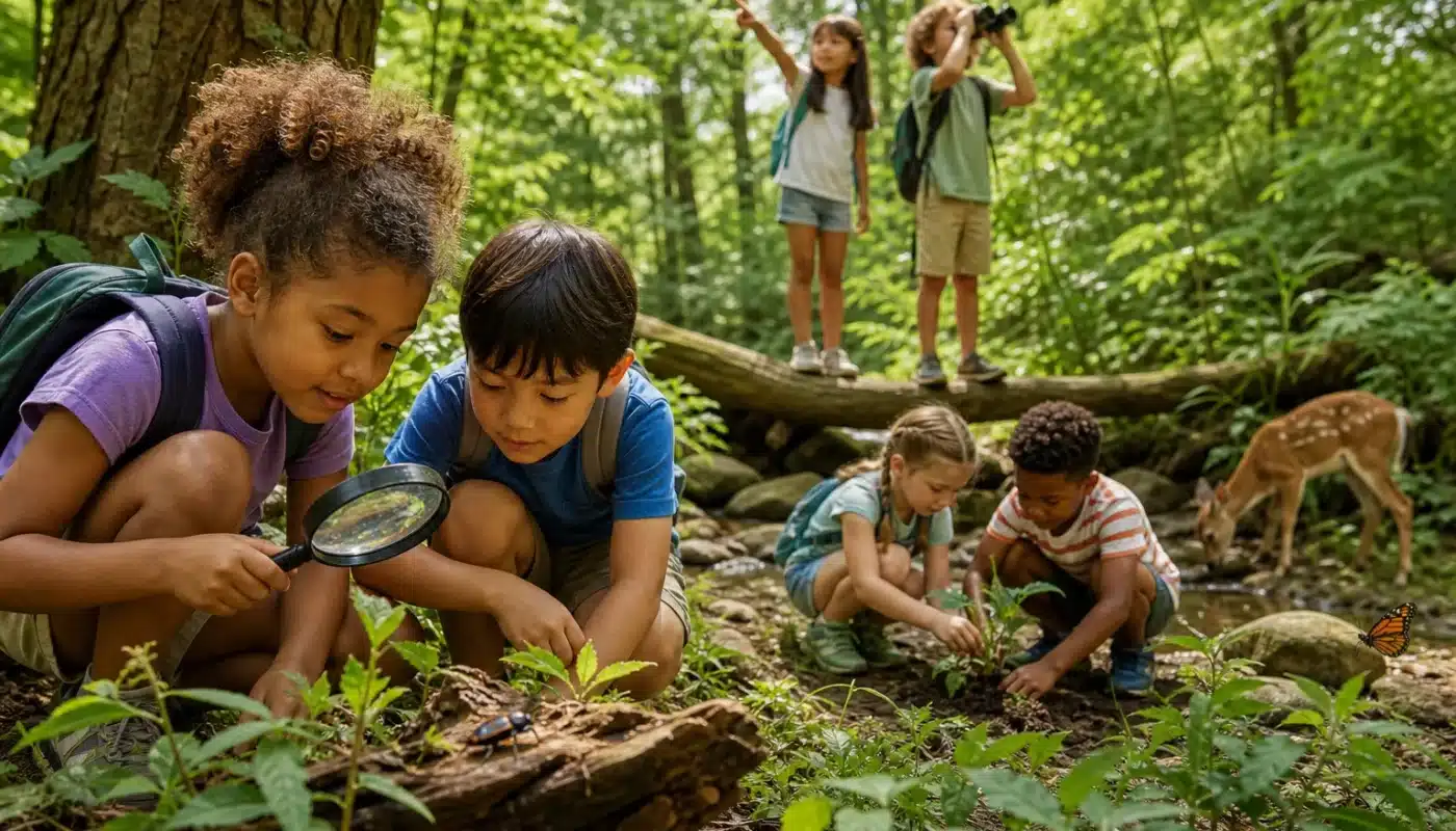 Enfants découvrant la nature lors d'activités écologiques éducatives
