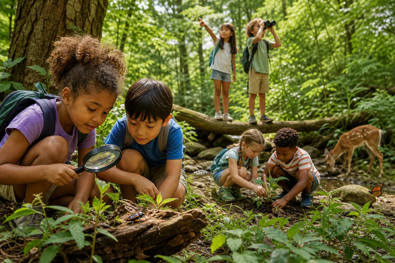 Enfants découvrant la nature lors d'activités écologiques éducatives