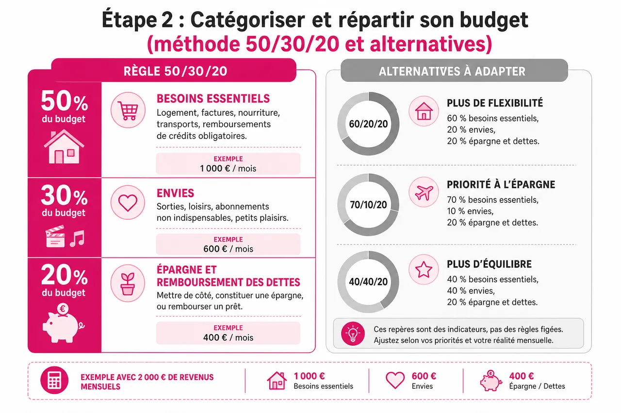 Organiser un budget personnel simple: méthode pour ceux qui détestent les chiffres , Étape 2: Catégoriser et répartir son budget (méthode 50/30/20 et alternatives)