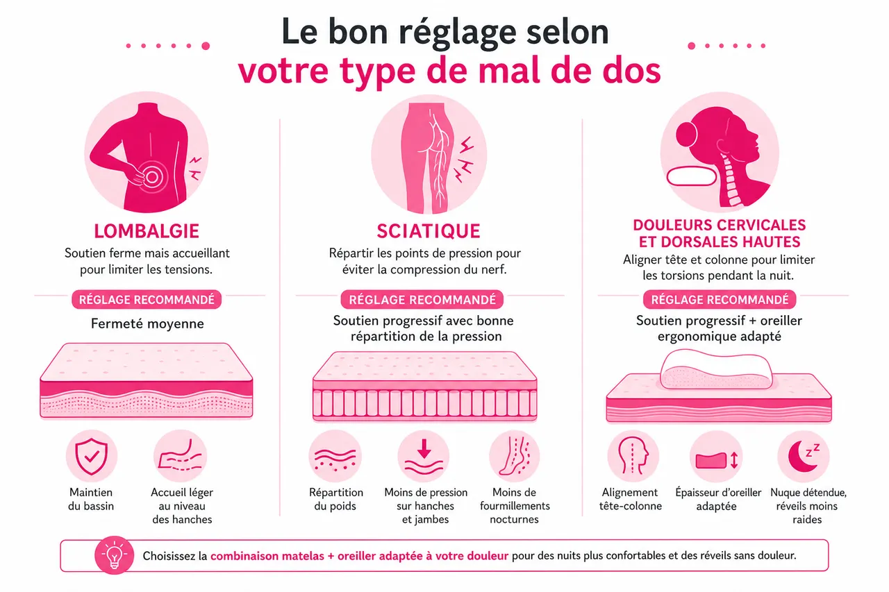 Comment choisir une literie adaptée au mal de dos sans se perdre dans le jargon , Le bon réglage selon votre type de mal de dos