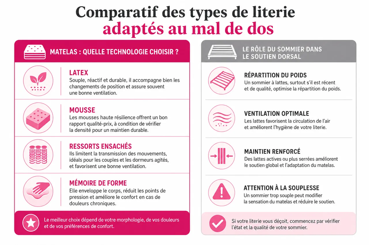 Comment choisir une literie adaptée au mal de dos sans se perdre dans le jargon , Comparatif des types de literie adaptés au mal de dos