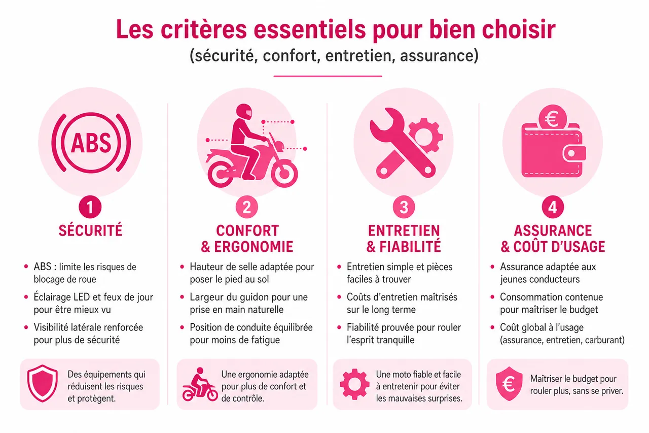 Comment choisir votre premier deux roues après le permis sans erreur? , Les critères essentiels pour bien choisir (sécurité, confort, entretien, assurance)