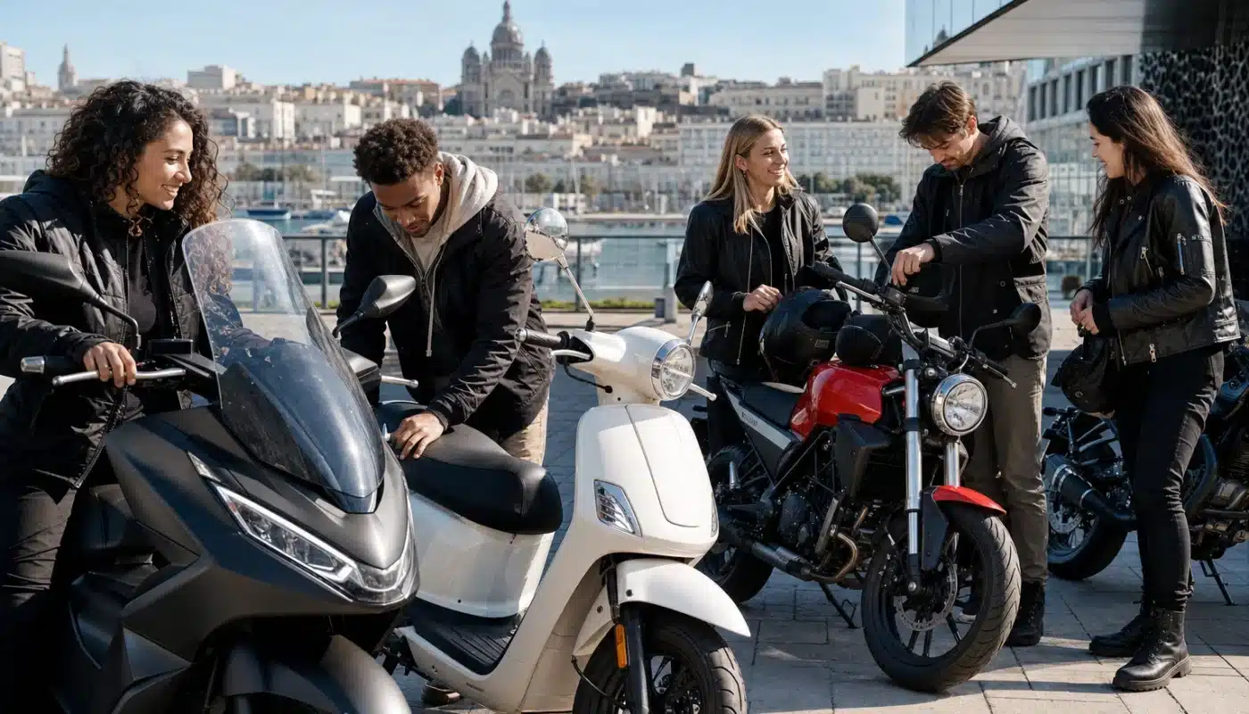 Moto neuve pour débutant avec casque et équipement de sécurité
